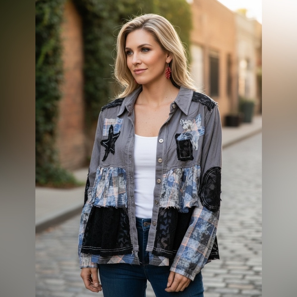 🌸POL Gray and Black Patchwork Jean Jacket M P006
